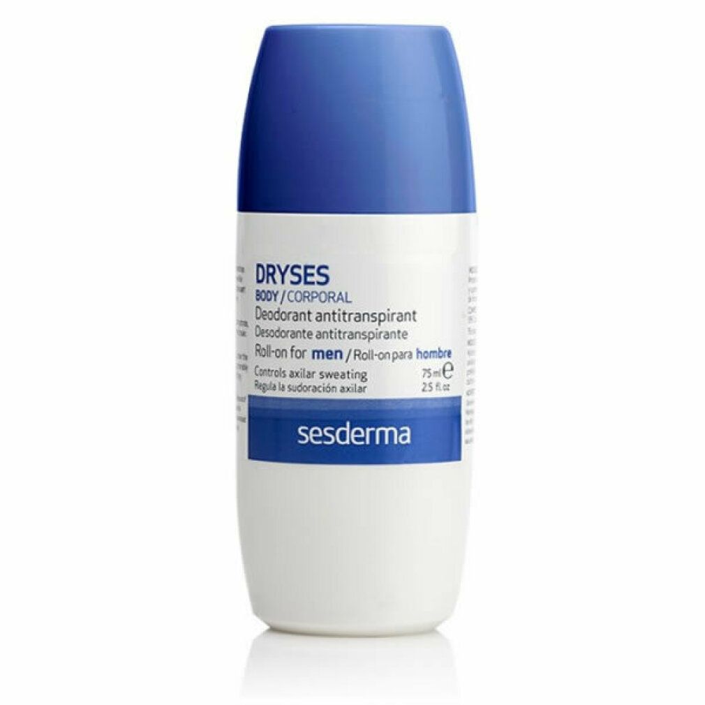 Weiß-blaue Roll-on-Flasche. Text: DRYses, Deodorant, Roll-on for men, sesderma. Blaue Kappe.
