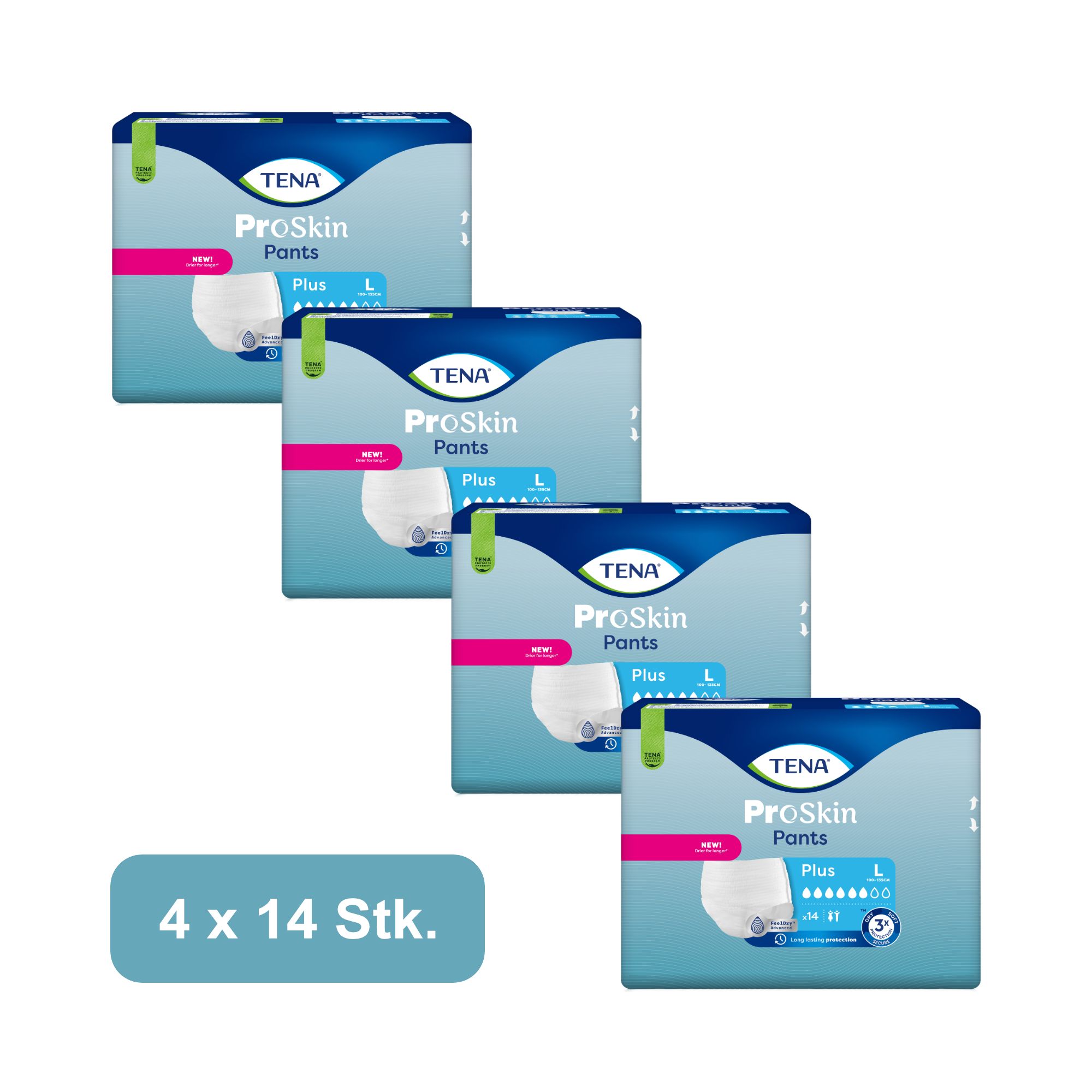 Vier Packungen TENA ProSkin Pants Plus. Jede Packung enthält 14 Stück. Größe L. Verpackung mit Produktabbildung.