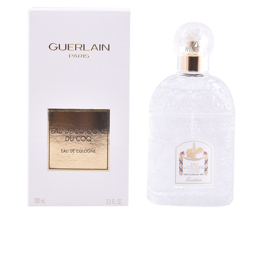 Flakon und Verpackung. Weißer Karton mit goldfarbenem Text. Flakon mit goldfarbenem Verschluss. Eau de Cologne du Coq.