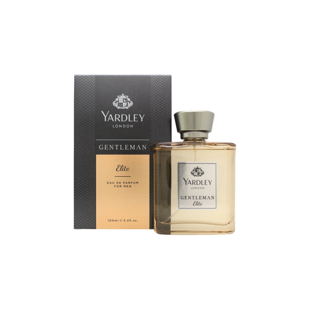 Flakon und Verpackung. Aufschrift: Yardley London, Gentleman Elite. Rechteckiger Flakon mit silbernem Verschluss. Schwarze Verpackung.