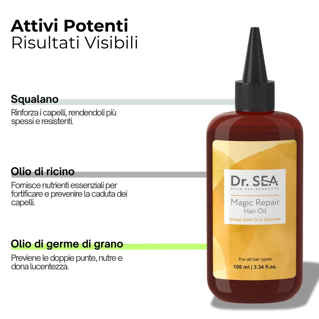 Flacone di olio per capelli, riquadro di testo con ingredienti: squalano, olio di ricino, olio di germe di grano. Risultati visibili.