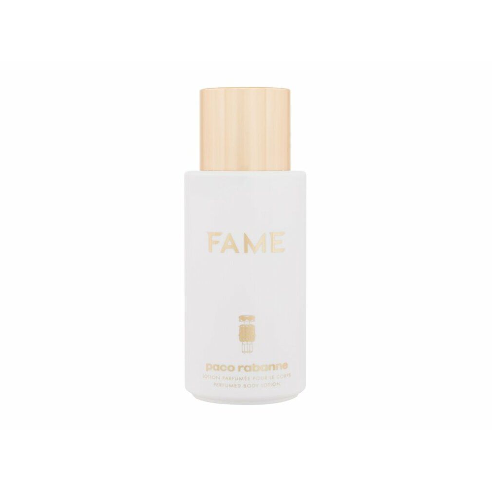Weiße Flasche mit goldenem Deckel. Aufschrift "FAME" und "paco rabanne". Parfümierte Bodylotion.