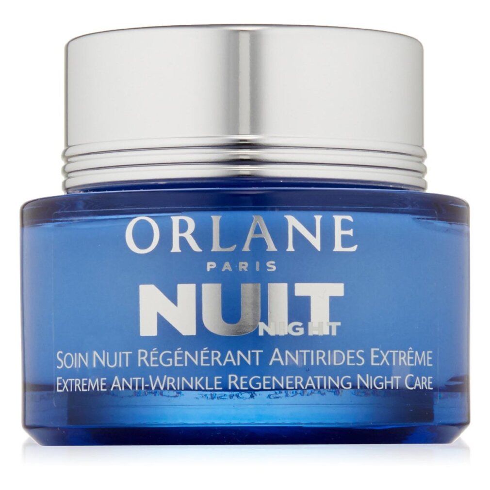Blaues Creme-Glas mit silbernem Deckel. Aufschrift: ORLANE PARIS, NUIT NIGHT, Extreme Anti-Wrinkle Regenerating Night Care.