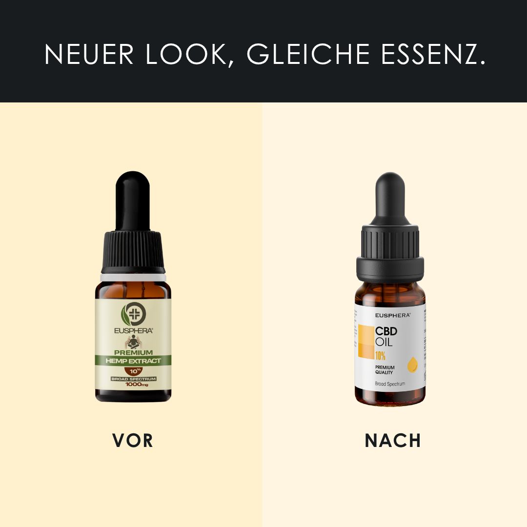 Vorher-Nachher-Vergleich. Zwei Flaschen. Text: Neuer Look, gleiche Essenz.