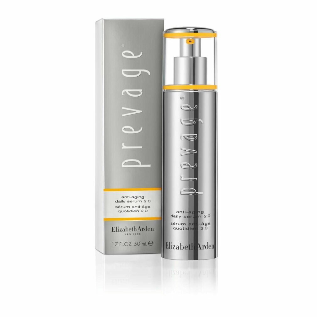 Produkt und Verpackung. Silberne Flasche mit gelbem Akzent. Aufschrift "prevage".