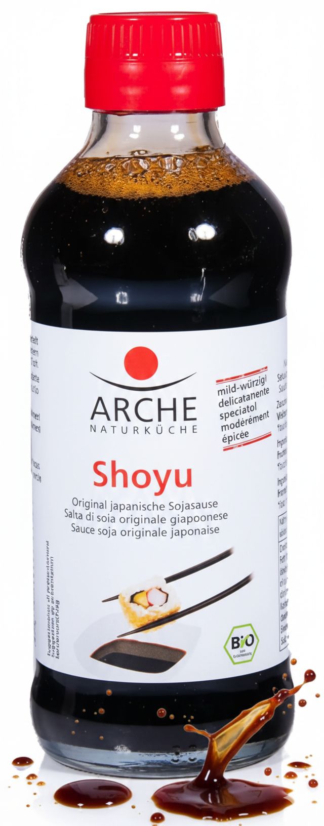 Flasche Arche Shoyu Sojasauce mit Etikett, das Sushi und ein Bio-Siegel zeigt. Sojasauce tropft herab.