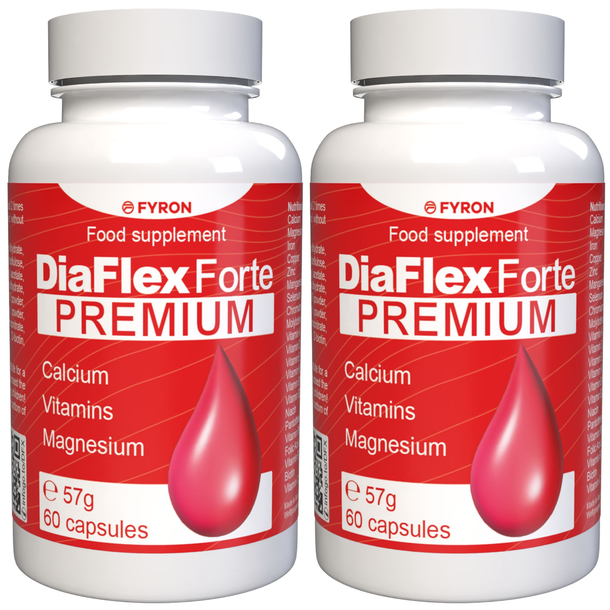 Zwei Flaschen DiaFlex Forte Premium, Nahrungsergänzungsmittel, 60 Kapseln pro Flasche.