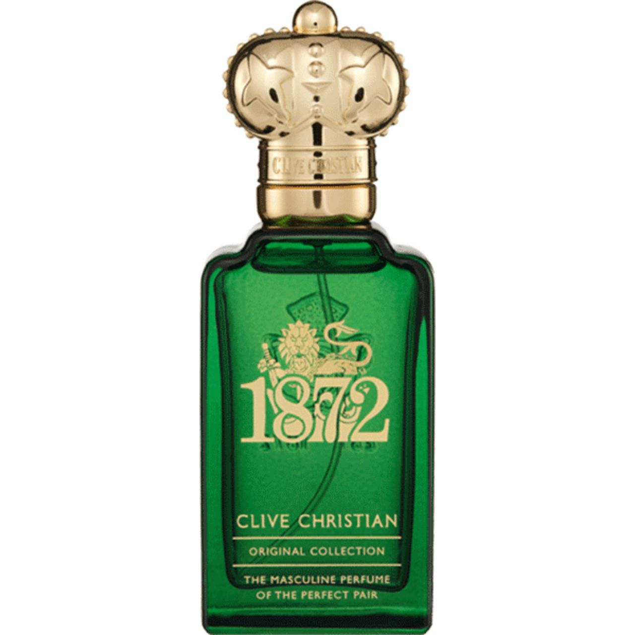 Grüner Flakon mit goldfarbenem Verschluss. Enthält "Clive Christian 1872". Text: "Original Collection", "Perfume Spray".
