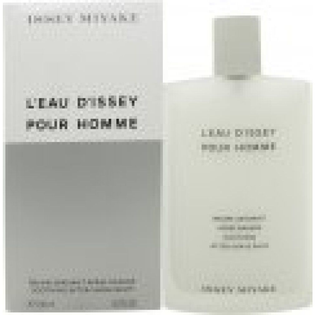 Flakon und Verpackung. Aufschrift L'Eau d'Issey Pour Homme. Text: Baume Apaisant, Après Rasage, Soothing, After-Shave Balm. Marke Issey Miyake.