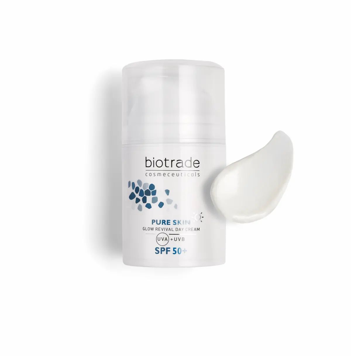 Weiße Creme-Flasche mit transparentem Deckel und Cremeprobe. Aufschrift: Biotrade, Pure Skin Glow Revival Day Cream SPF 50+.