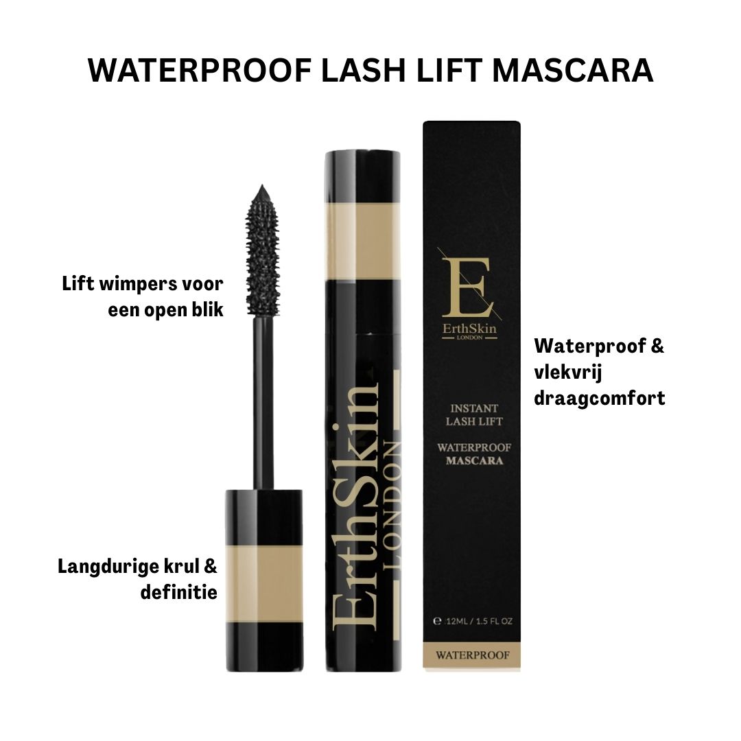 Mascara-Tube und -Bürste, daneben eine schwarze Verpackung mit goldfarbenem Logo und Text. Text: "Waterproof Lash Lift Mascara".