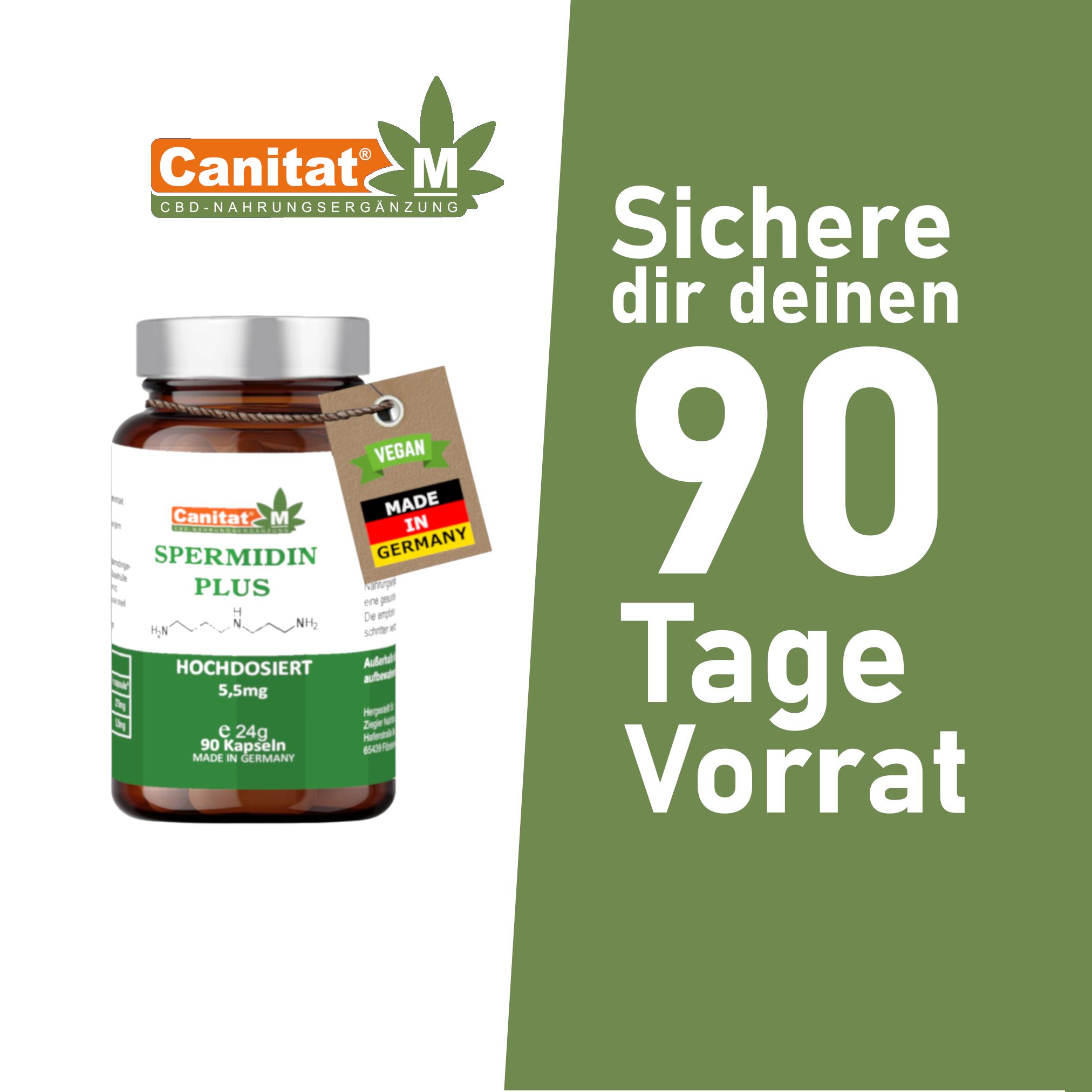 Braune Glasflasche mit Etikett. Produktname, Inhaltsangabe und Herkunftsland. Vegan-Siegel und Made in Germany. 90 Tage Vorrat.