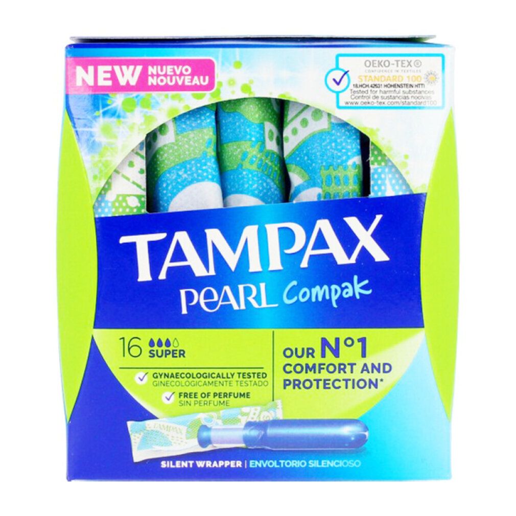 Verpackung mit Tampons. Marke: Tampax Pearl Compak. 16 Super. Mit OEKO-TEX-Zertifizierung.