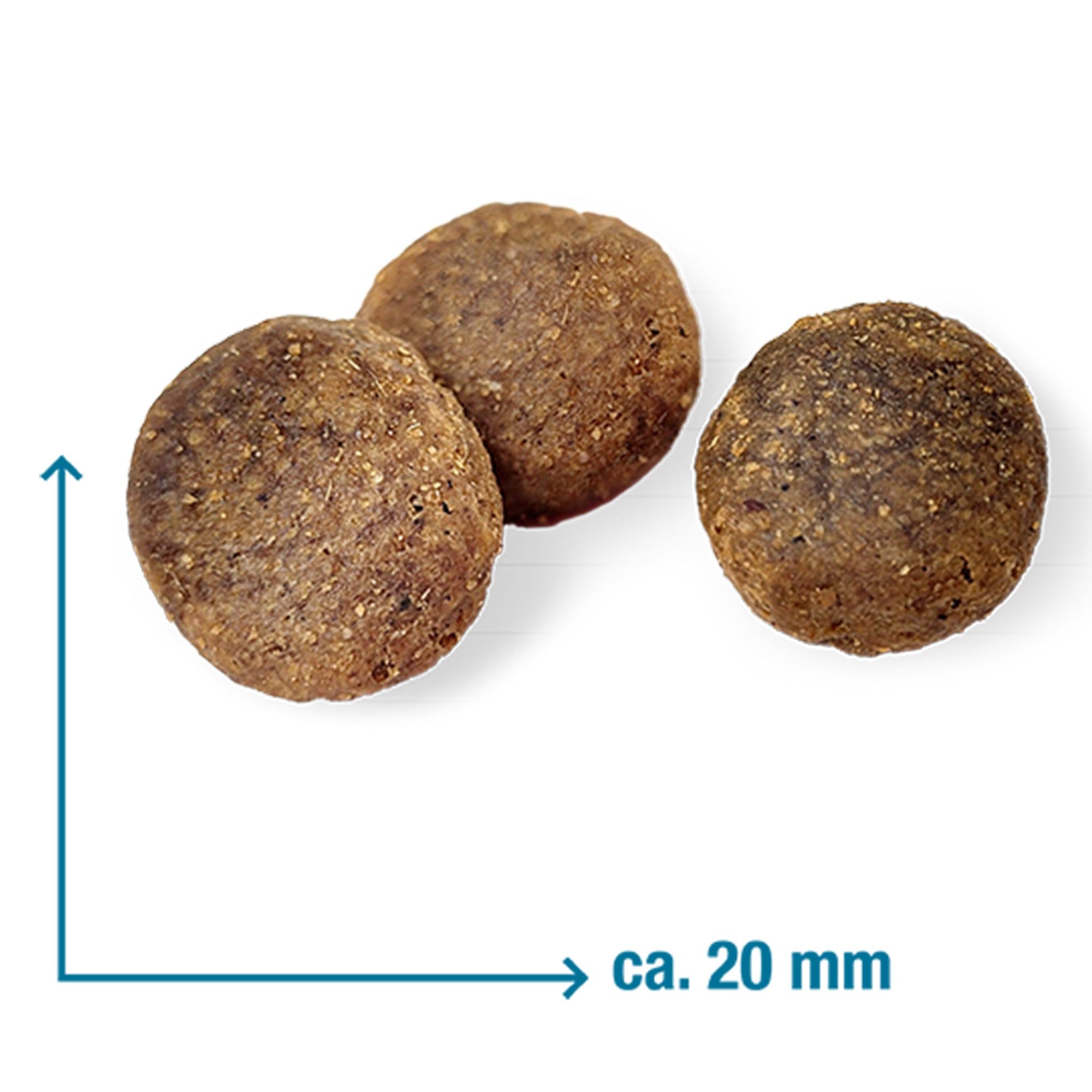 Drei Kroketten Hundefutter mit Größenangabe ca. 20 mm.