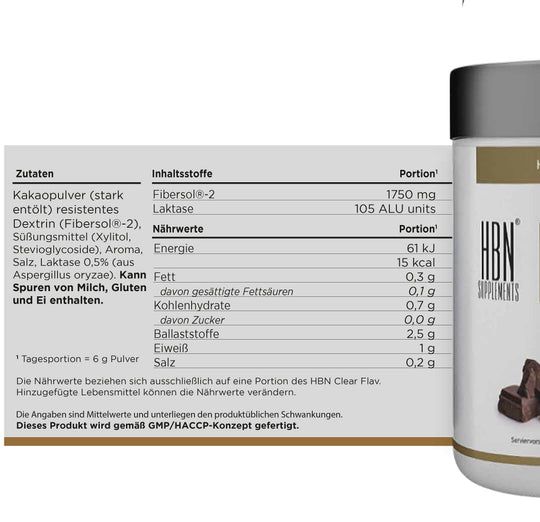 HBN Supplements Clean Flav Kakaopulver mit Nährwertangaben und Zutatenliste.