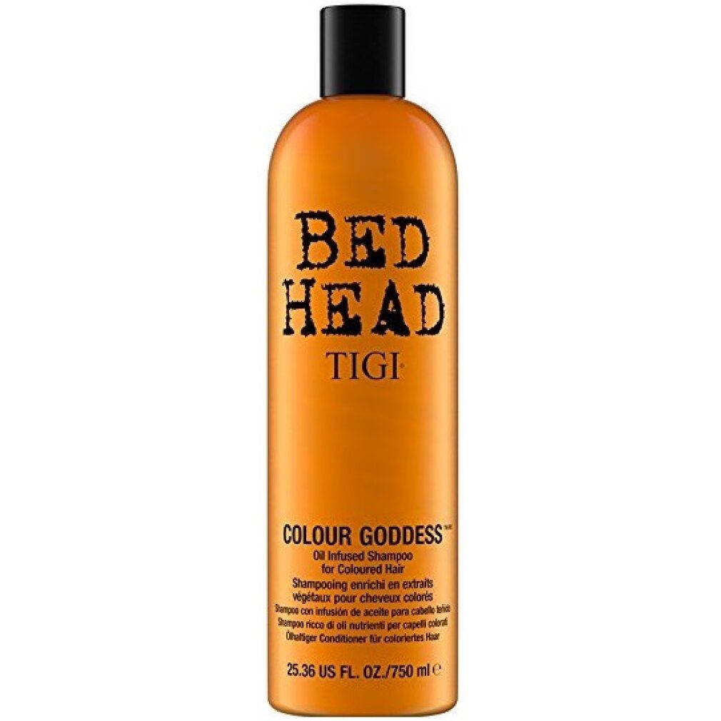 Orangefarbene Flasche mit schwarzem Deckel. Aufschrift: Bed Head Tigi Colour Goddess. Produktbezeichnung und Text.