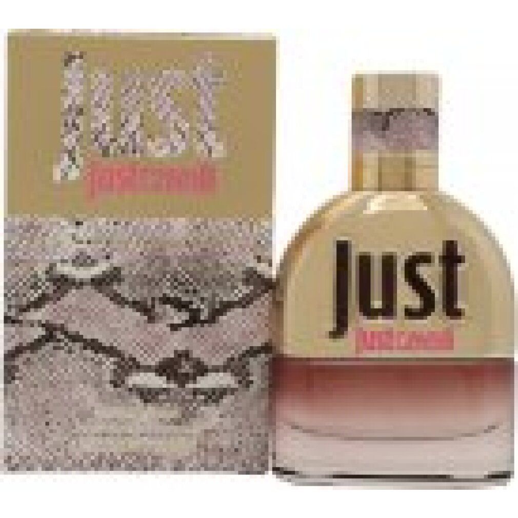 Parfümflakon und Verpackung. Flakon mit goldfarbenem Deckel und rosa Schriftzug "JUST justcavalli". Verpackung mit Schlangenmuster.