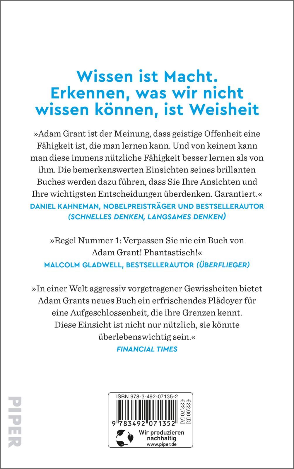 Buchrückseite mit Text. Zitate, ISBN-Code, Verlag Piper. Weißer Hintergrund, schwarzer Text.