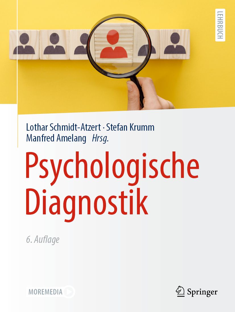 Buchcover: "Psychologische Diagnostik". Autoren: Schmidt-Atzert, Krumm, Amelang. 6. Auflage. Verlag Springer. Lupe auf Holzblöcken mit Piktogrammen.