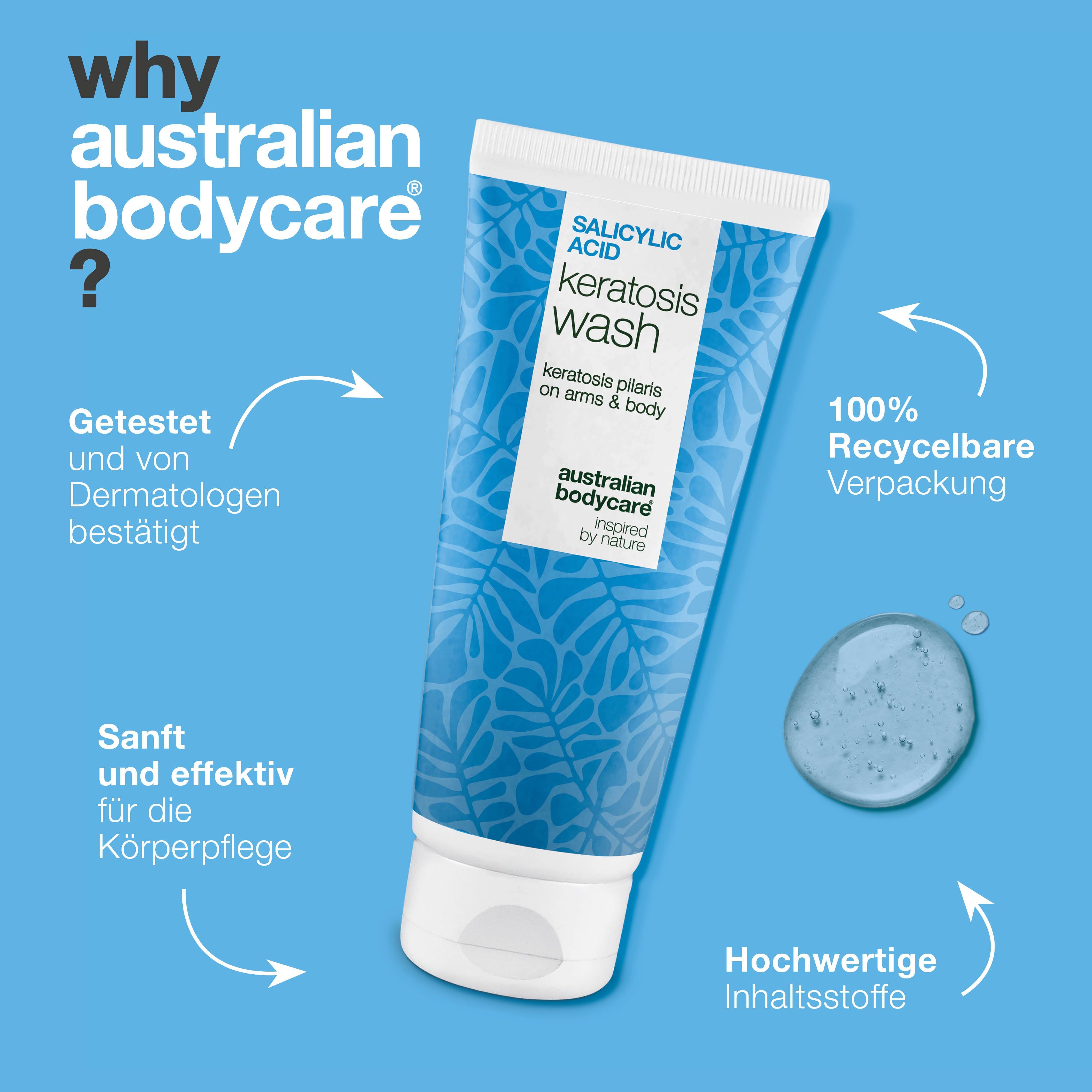 Tube mit Text: Salicylsäure Keratosis Wash. Marke: Australian Bodycare. Text: 100% recycelbare Verpackung.