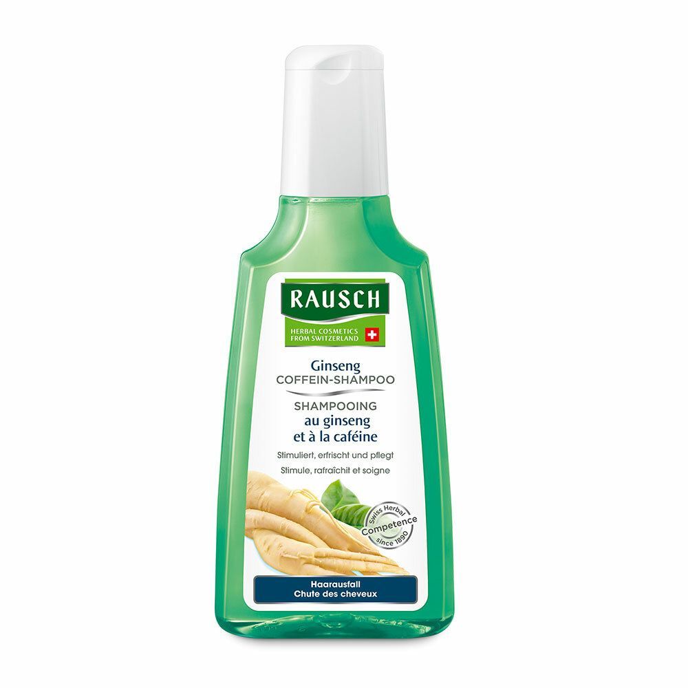 Grüne Shampoo-Flasche mit weißem Deckel. Aufschrift: RAUSCH Ginseng Coffein Shampoo. Abbildung von Ginseng-Wurzeln.