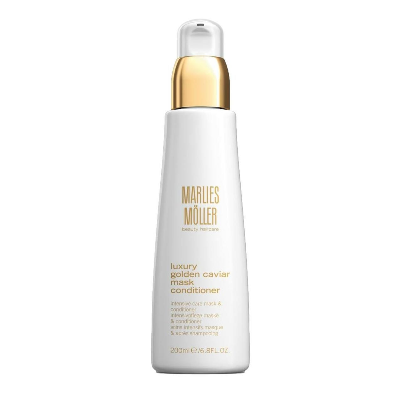 Weiße Flasche mit goldenem Verschluss. Aufschrift: Marlies Möller, Luxury Golden Caviar Mask Conditioner. 200ml/6.8FL.OZ.