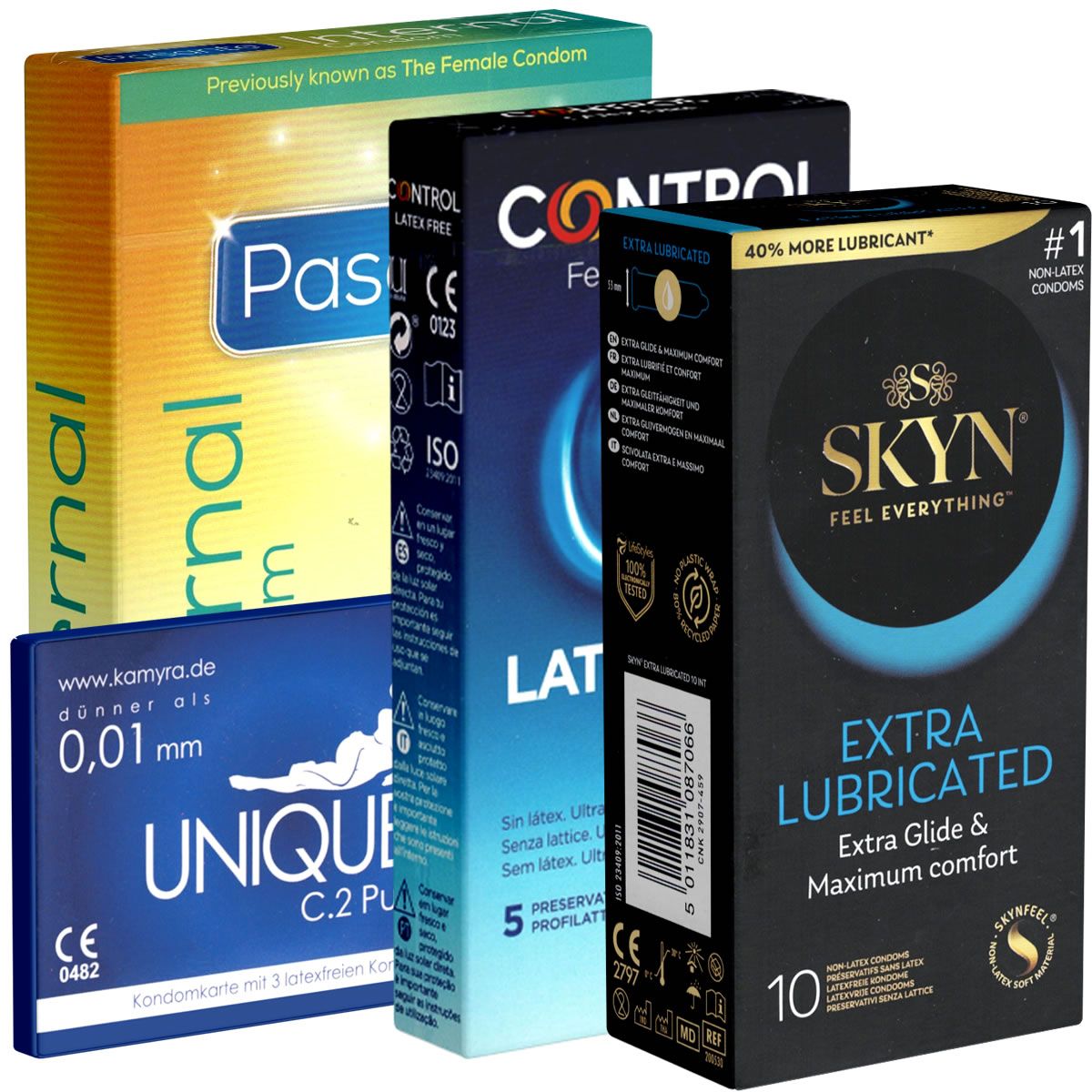Mehrere Kondom-Verpackungen. Marken: Pasante, Control, Skyn und Unique. Unterschiedliche Farben und Aufschriften.