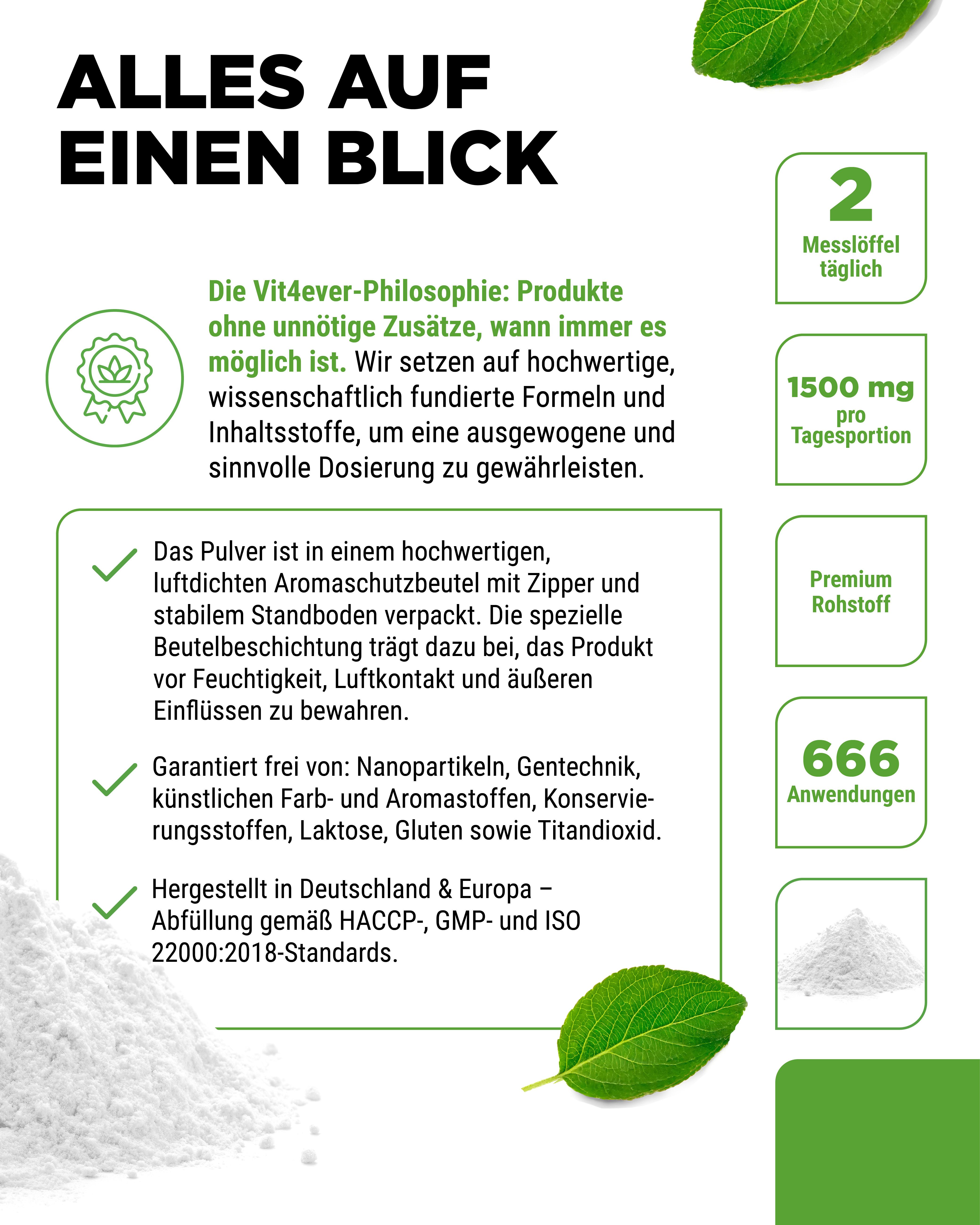 Text- und Grafik-Layout. Text: Alles auf einen Blick. 2 Messlöffel täglich, 1500 mg pro Tagesportion, Premium Rohstoff, 666 Anwendungen.