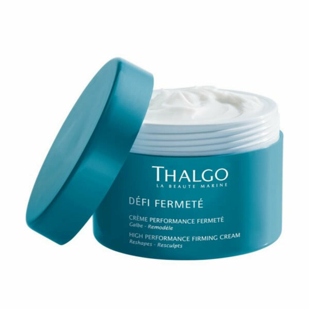 Türkisfarbener Tiegel mit weißer Creme und offenem Deckel. Aufschrift: THALGO, DÉFI FERMETÉ, High Performance Firming Cream.