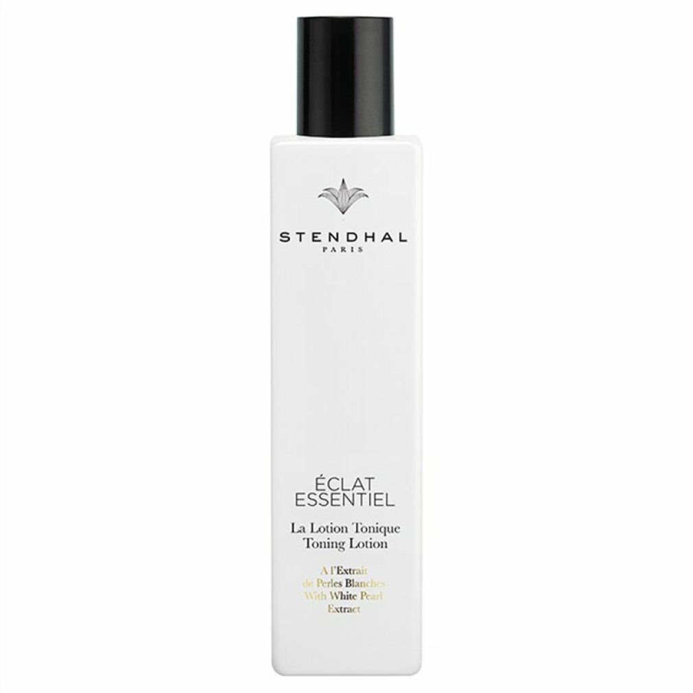 Weiße Flasche mit schwarzem Deckel. Aufschrift: Stendhal Paris, Éclat Essentiel, La Lotion Tonique Toning Lotion.