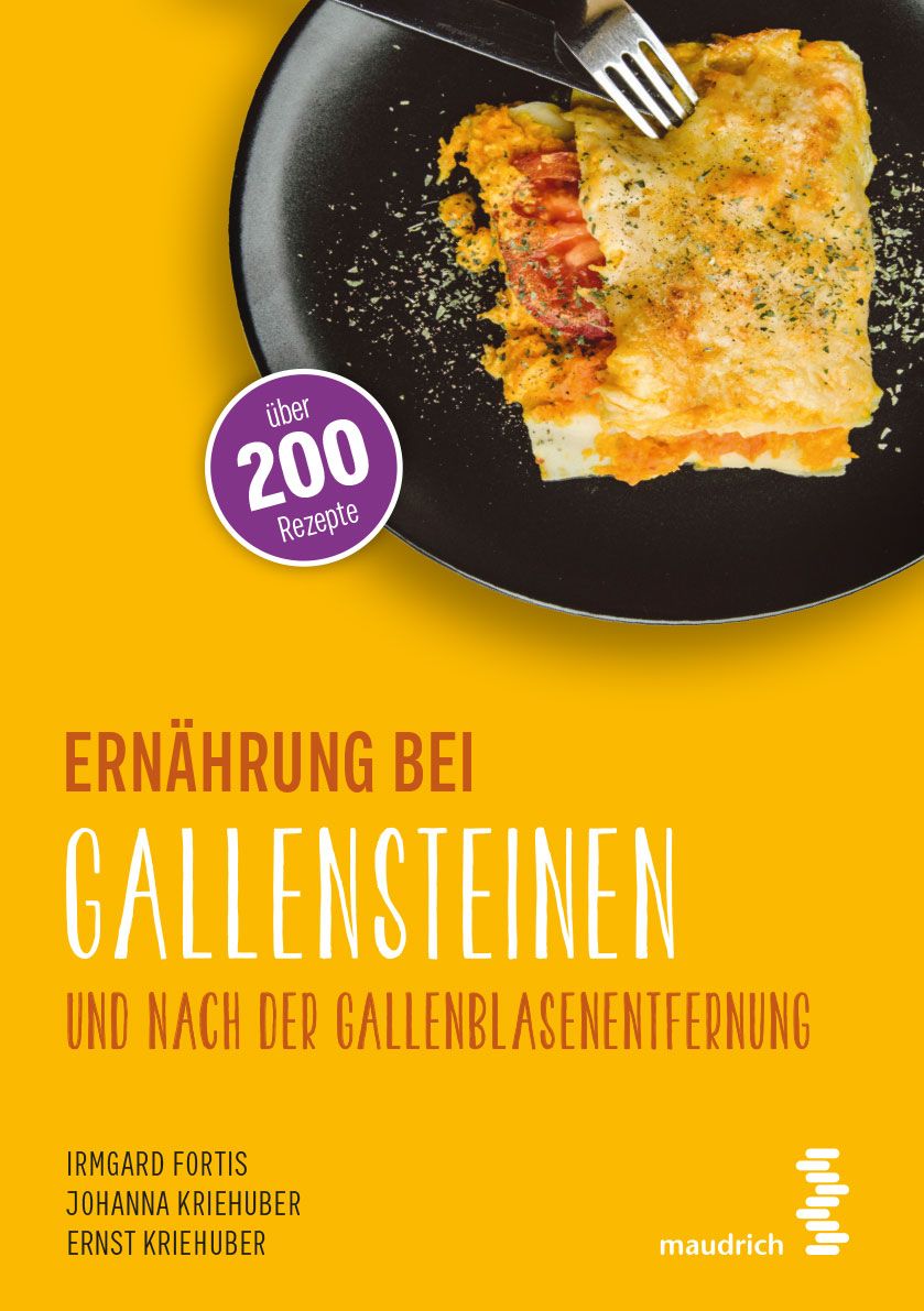 Buchcover: Ernährung bei Gallensteinen und nach der Gallenblasenentfernung. Auf gelbem Hintergrund, mit Essen auf schwarzem Teller.