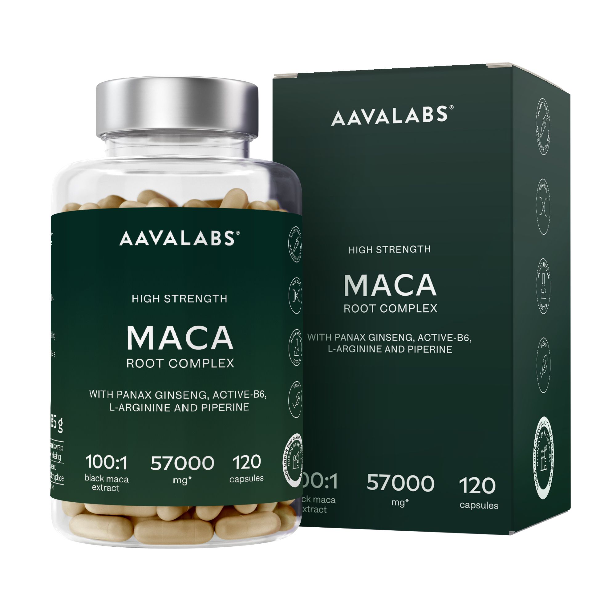 Flasche und Schachtel mit Kapseln. Text: MACA, 120 Kapseln, 100:1, 57000 mg. AAVALABS.