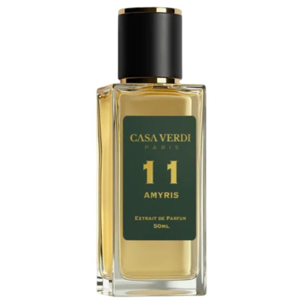 Parfümflakon mit grünem Etikett. Aufschrift: Casa Verdi Paris, 11 Amyris, Extrait de Parfum. Schwarzer Deckel, goldener Rand.