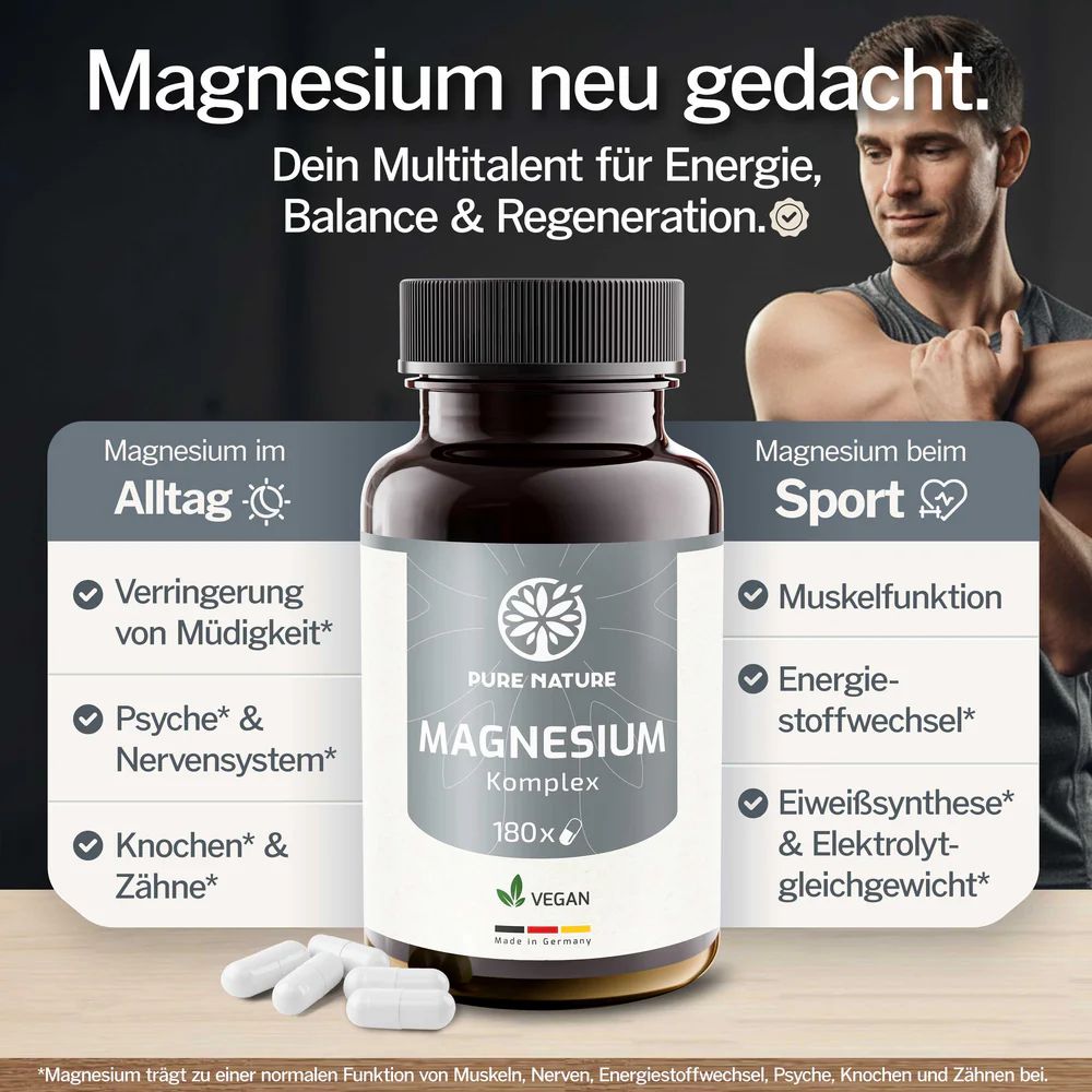 Flasche Pure Nature Magnesium Komplex, 180 Kapseln. Text: Magnesium im Alltag, Magnesium beim Sport. Weiße Kapseln liegen daneben.