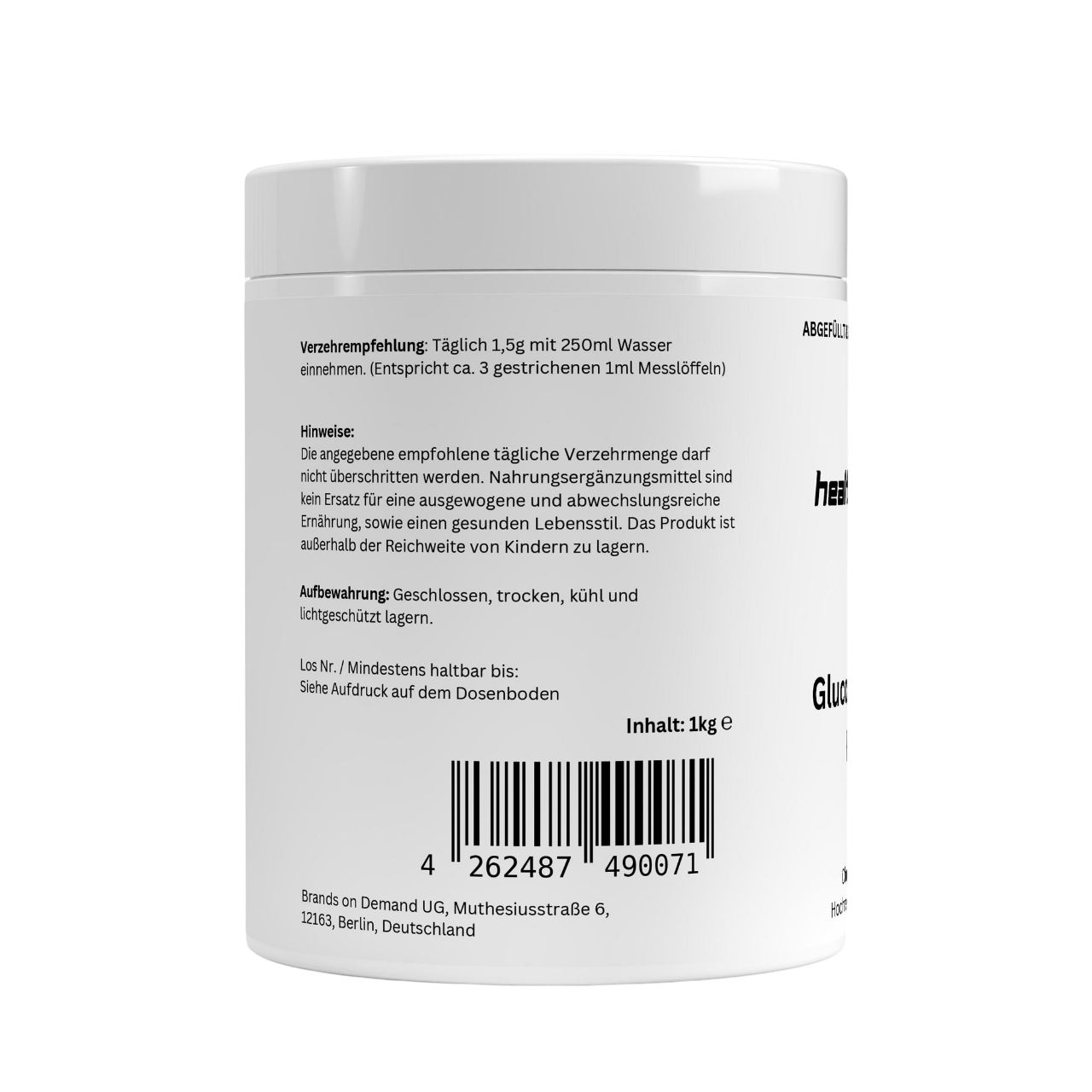 Weißes Gefäß mit schwarzem Text und Barcode. Aufschrift: HEALTH & SPORT Glucosamin. Inhalt: 1kg.