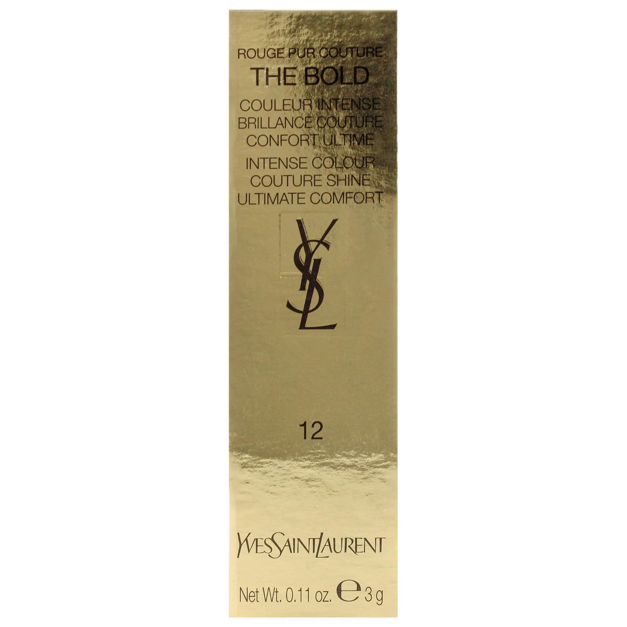 Goldene Verpackung mit Produktbezeichnung und YSL-Logo. Aufschrift: Rouge Pur Couture The Bold 12 Nu Incongru.