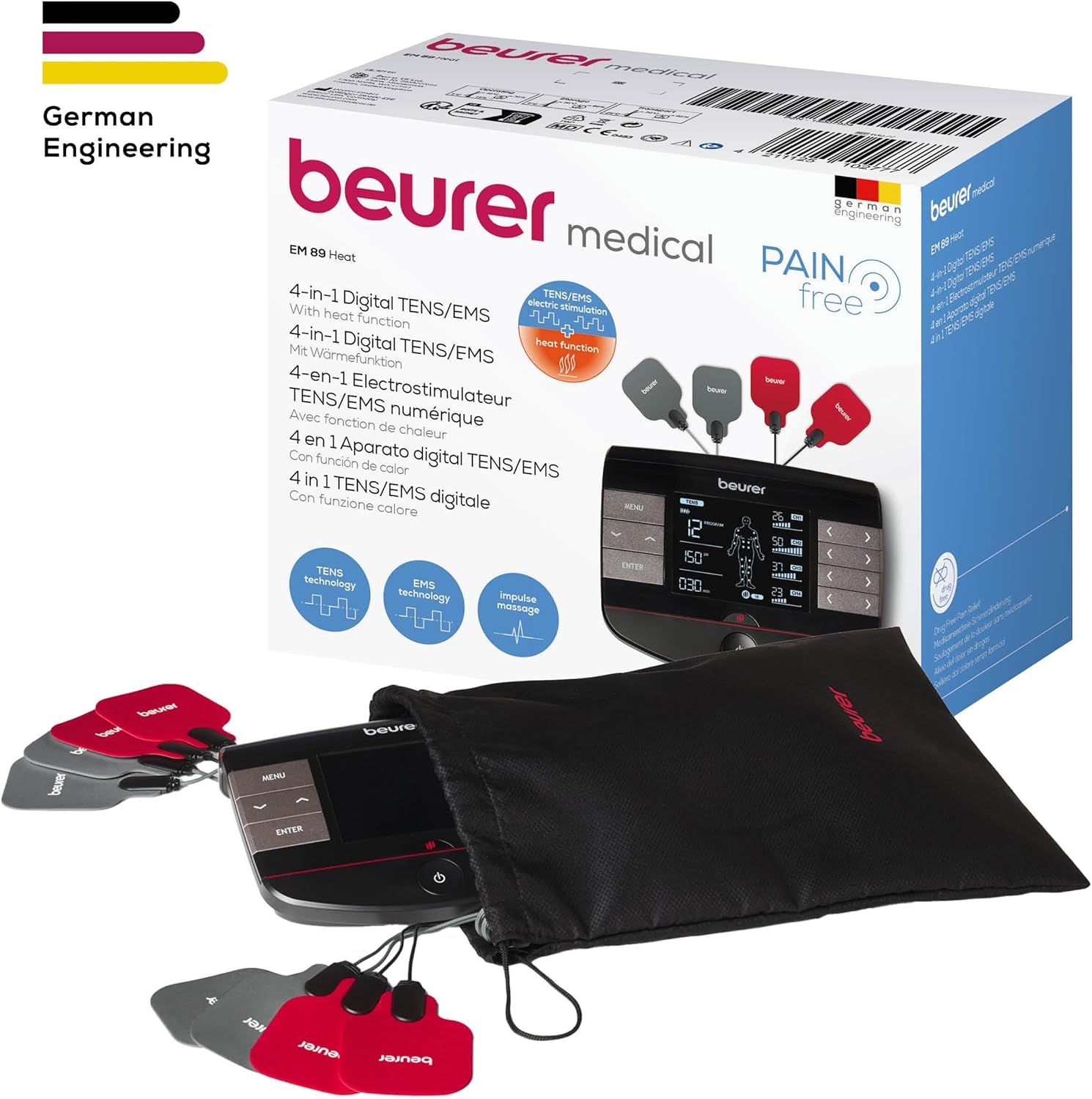 Produktverpackung mit Gerät, Elektroden und Zubehör. Text: Beurer medical, 4-in-1 Digital TENS/EMS, German Engineering.