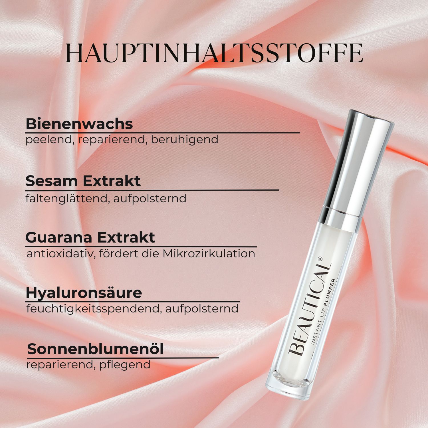 Text: HAUPTINHALTSSTOFFE. Produkt mit Applikator. Text: Bienenwachs, Sesam Extrakt, Guarana Extrakt, Hyaluronsäure.