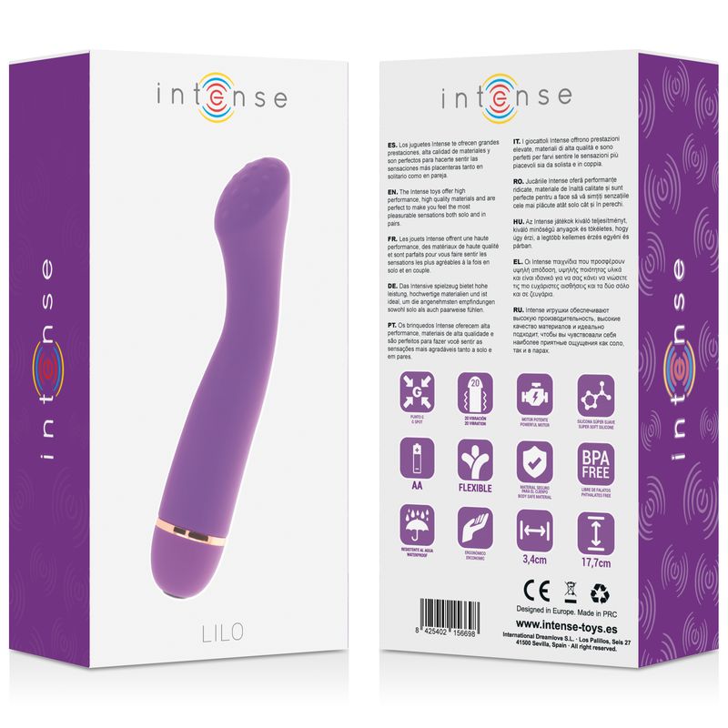 Produktverpackung mit Vibrator und Produktinformationen. Marke: Intense. Modell: Lilo. Abbildungen von Symbolen und Produktmerkmalen.
