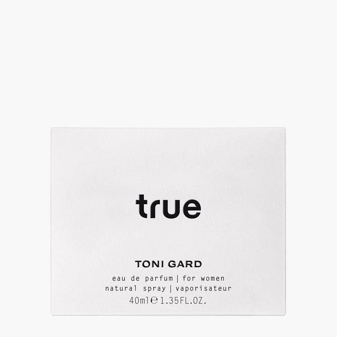 Weiße rechteckige Verpackung mit schwarzem Schriftzug "true" und darunter "TONI GARD". Darunter Text: Eau de Parfum for women, 40ml.