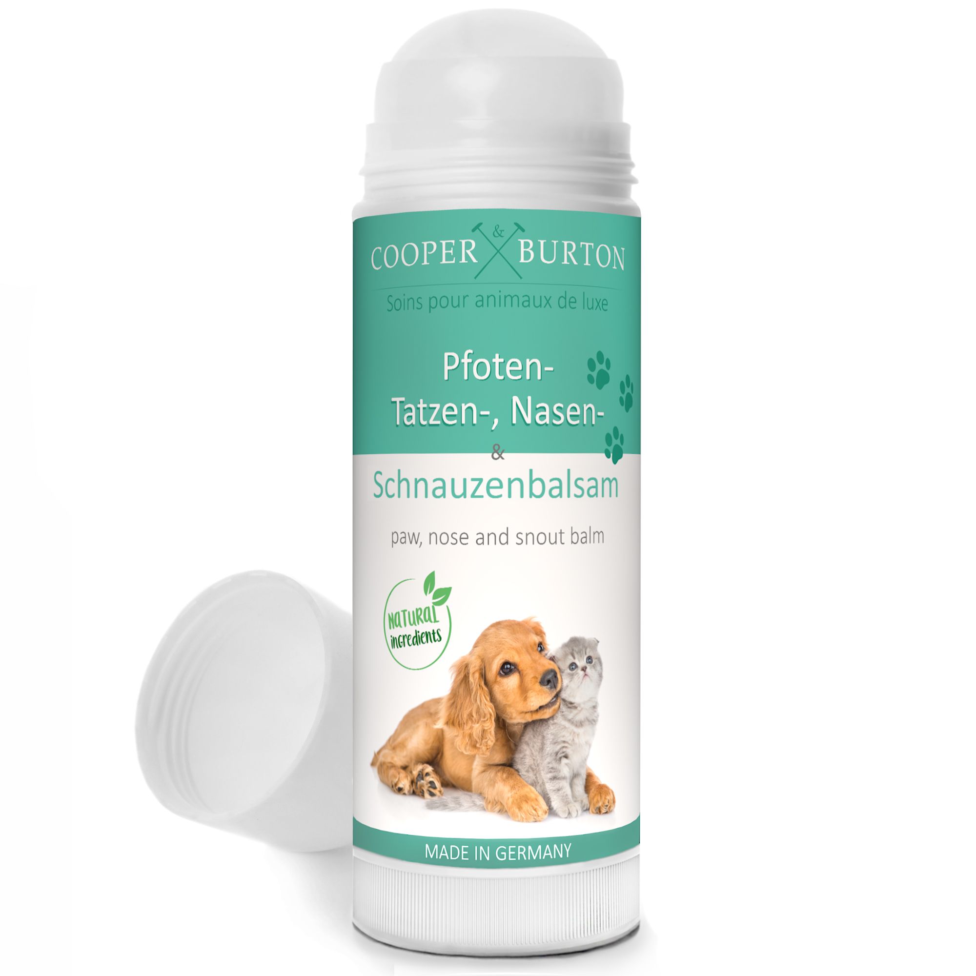 Produktverpackung. Weißer Behälter mit Deckel. Text: Pfoten-, Tatzen-, Nasen- & Schnauzenbalsam. Natürliche Inhaltsstoffe. Hund und Katze.