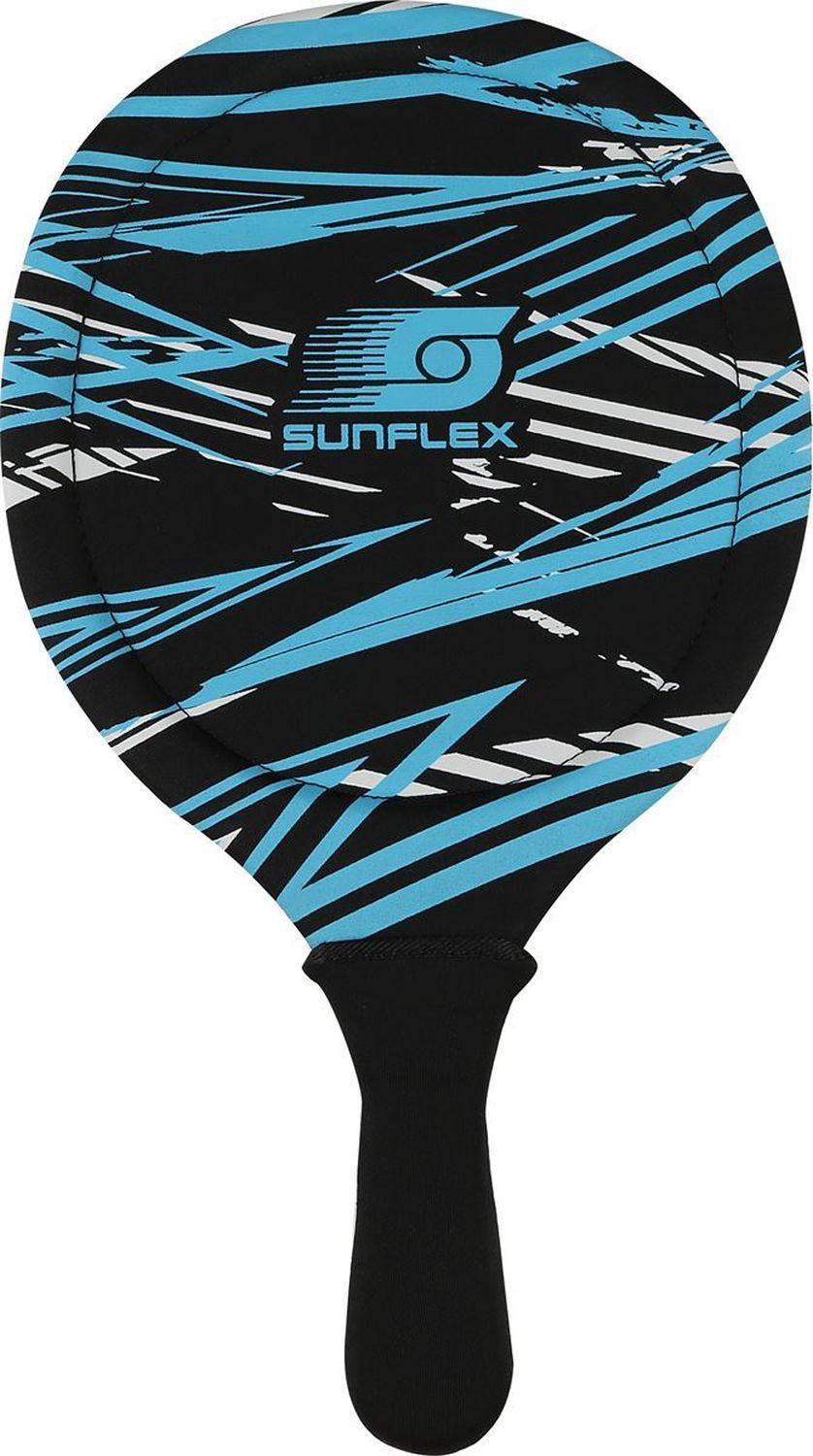 Ein Schläger mit schwarzem Griff. Der Schläger hat ein blau-schwarzes Muster und das Logo SUNFLEX.
