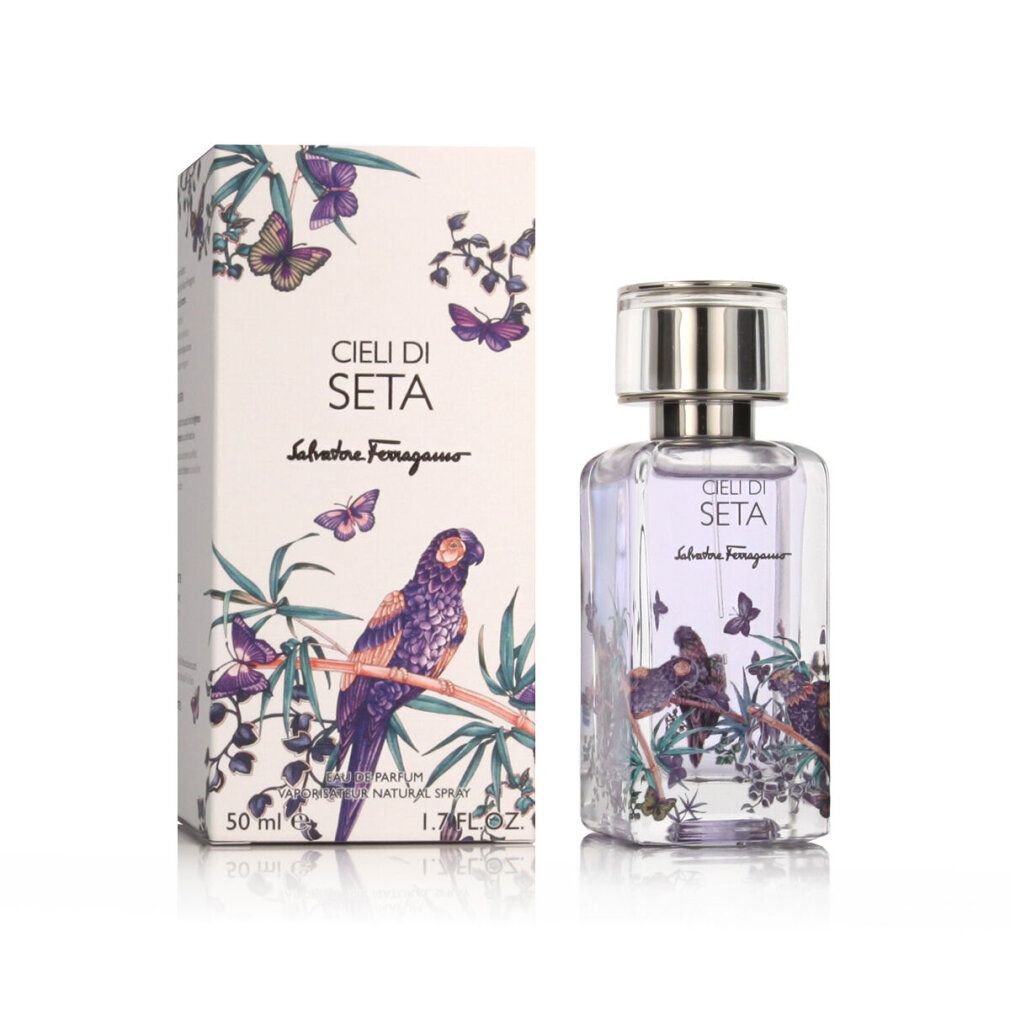 Salvatore Ferragamo Cieli di Seta Eau de Parfum Flakon und Schatulle mit Schmetterlings- und Vogelmotiv, 50 ml.