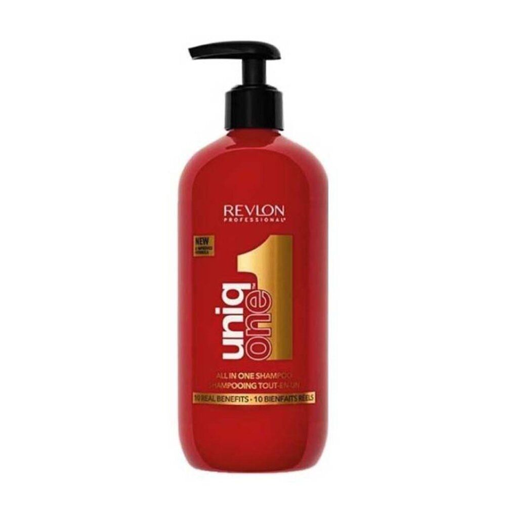 Rote Shampoo-Flasche mit schwarzem Pumpkopf. Aufschrift Revlon Professional Uniq One. 490ml/16.5 fl.oz.