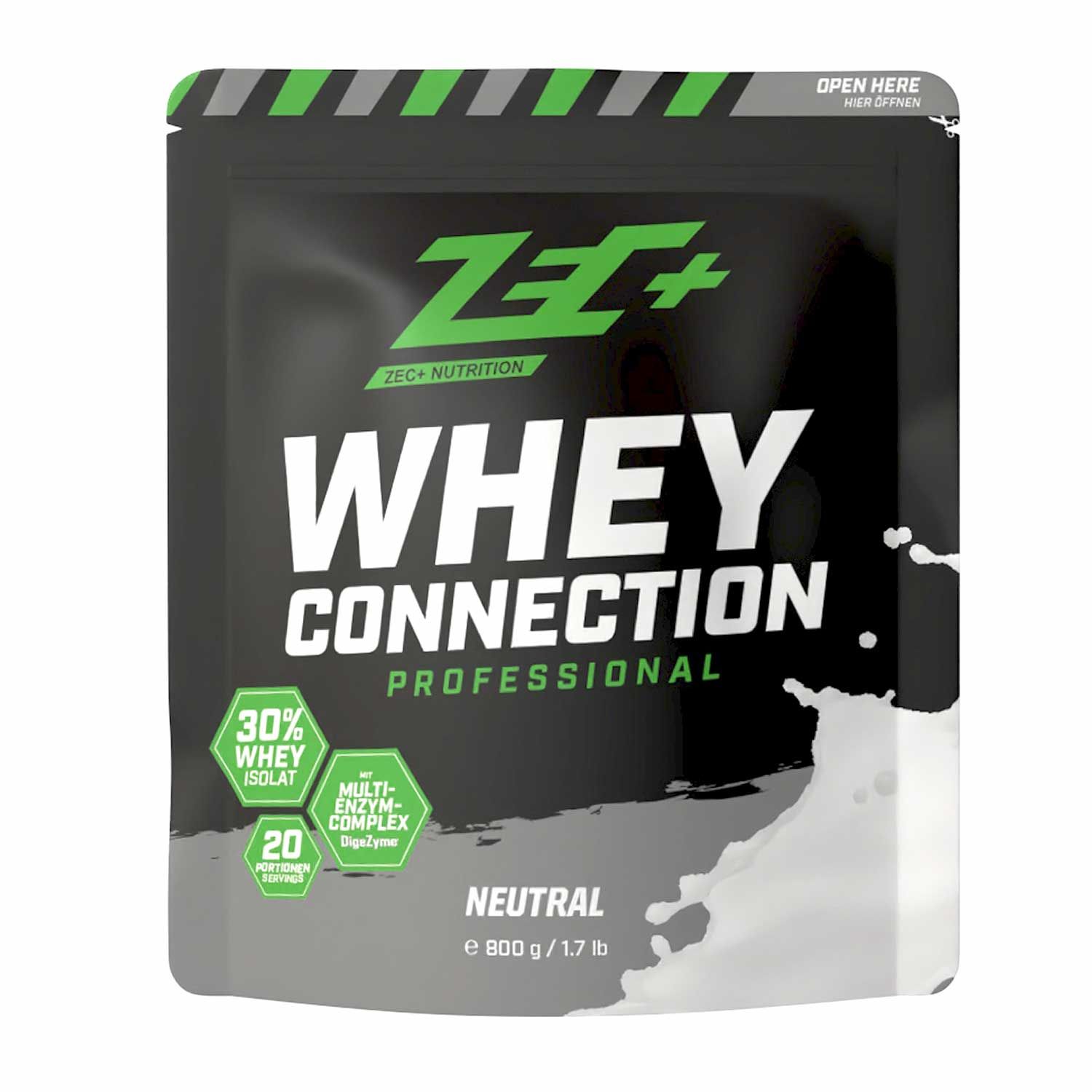 ZEC+ Whey Connection Professional. Schwarze Verpackung mit grünem Logo und Schriftzug. Enthält 30% Whey Isolat und 20 Portionen.