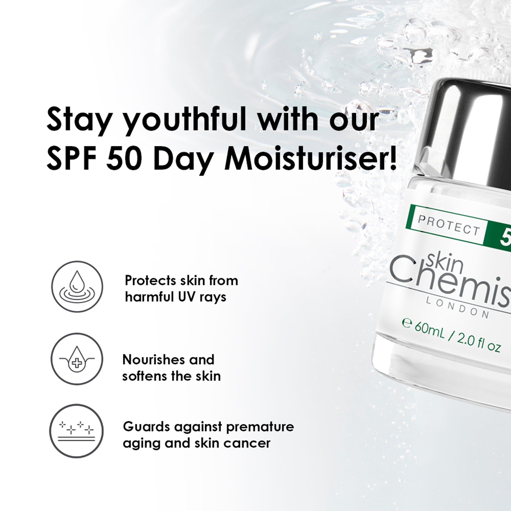 Creme-Tiegel mit Text: SPF 50 Day Moisturiser. Schützt vor UV-Strahlen, nährt und schützt die Haut.