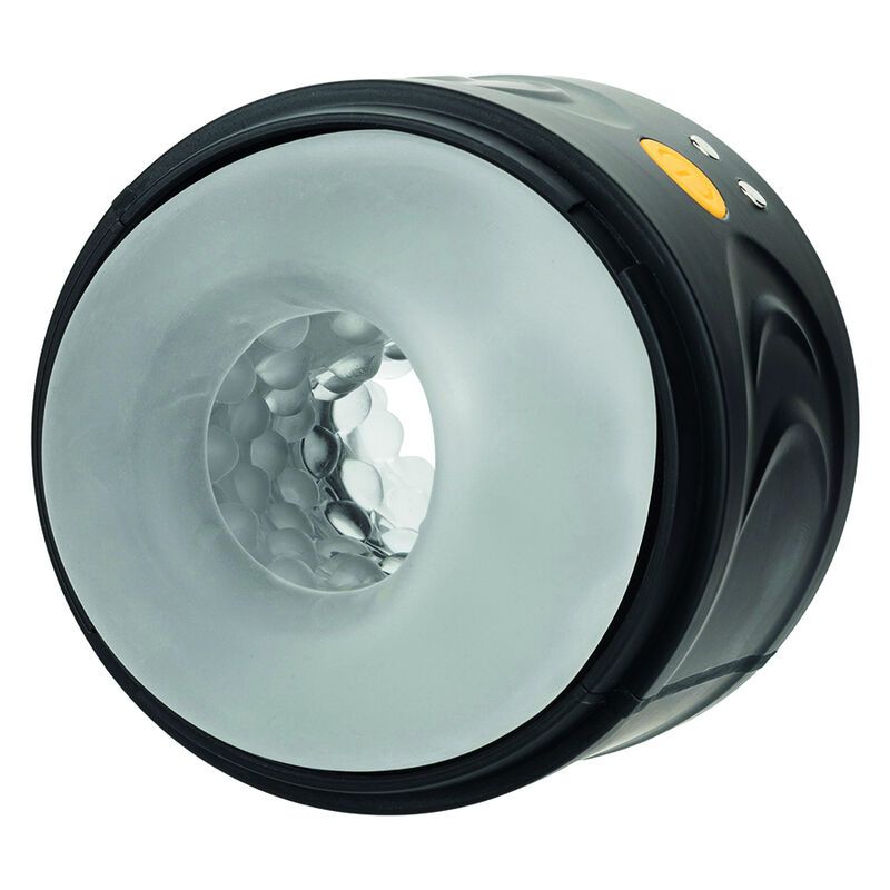 Schwarzes Gerät mit weißem Innenraum. Gelber Knopf und zwei kleine Knöpfe. Geformt für Intimität.