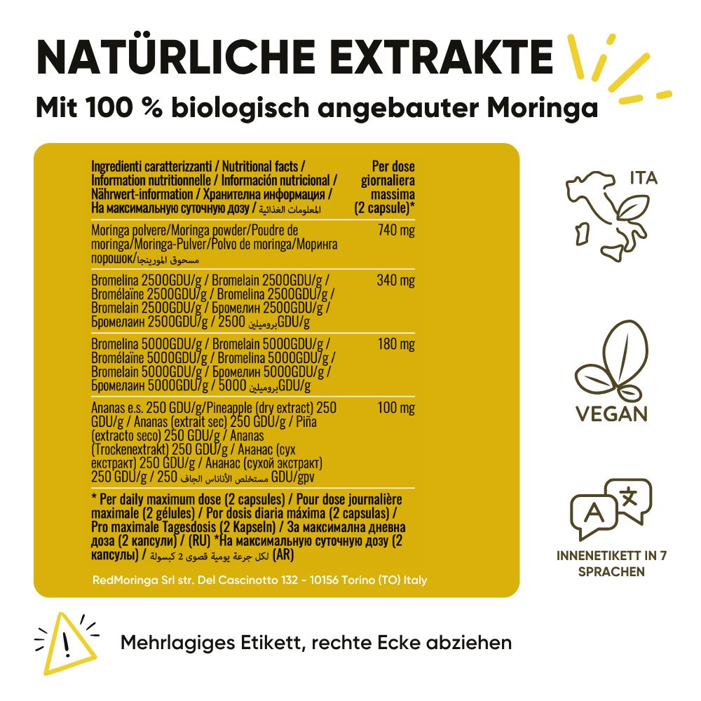 Nährwertangaben für RedMoringa CELLULITE: Moringa, Bromelain 5000 GDU, Ananas. Vegan, Etikett in 7 Sprachen.