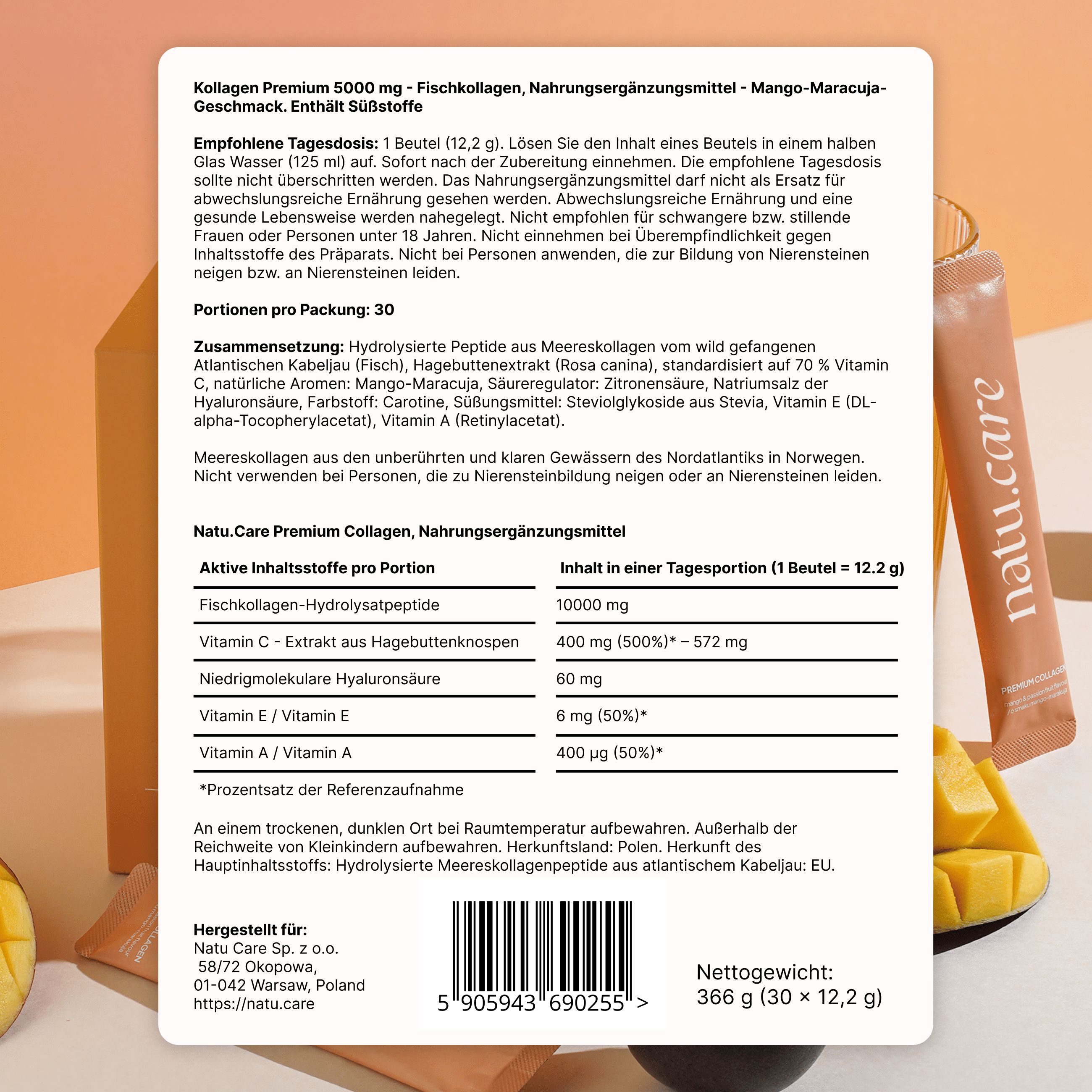 Rückseite der Verpackung. Text in Deutsch. Zutatenliste, Nährwertangaben, Herstellerinformationen.