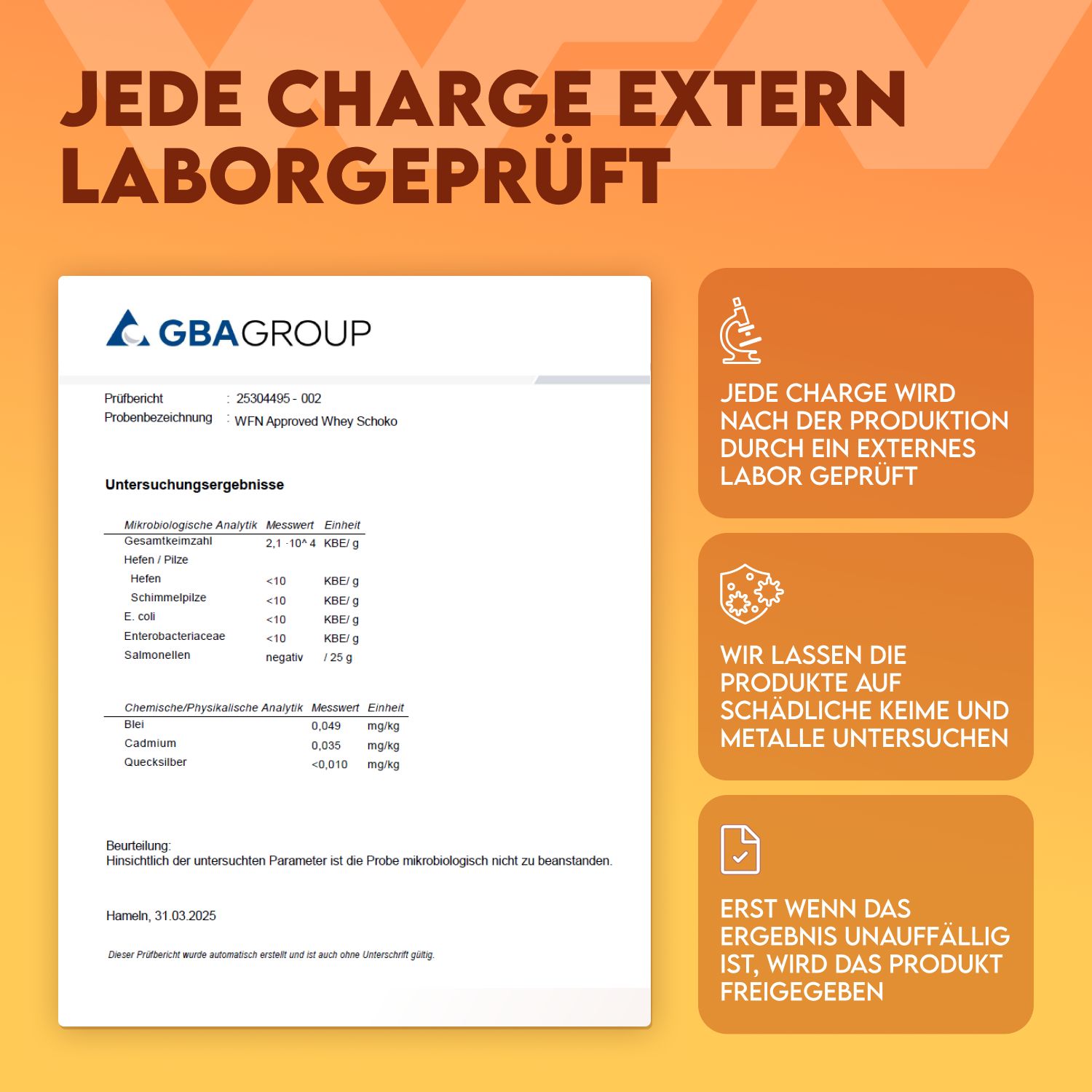 Bericht über externe Laborprüfung. Text: JEDE CHARGE EXTERN LABORGEPRÜFT. Ergebnisse der Untersuchung, mikrobiologische Analyse, chemisch-physikalische Analyse.